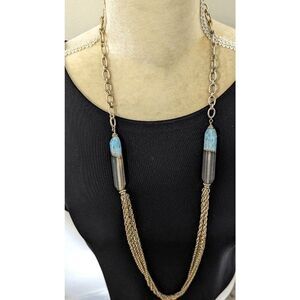 Chico’s 42" Gold Tone Chain Necklace Teal Lavender Faux Crystal Tassel